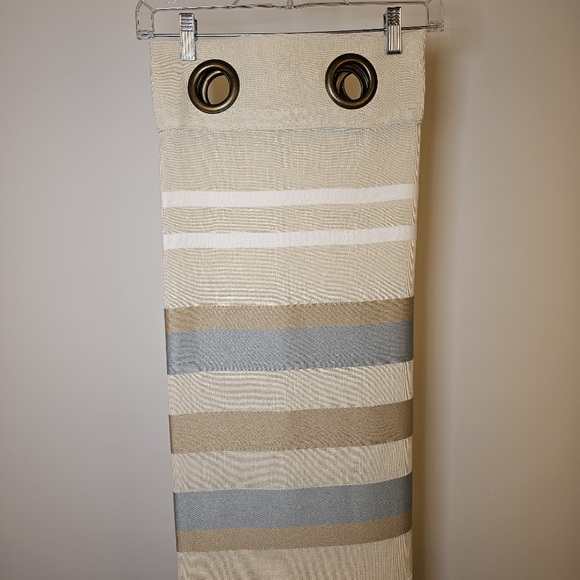 Two tan teal white cream striped 8 bronze grommet short drapes 50x67" - Picture 2 of 8